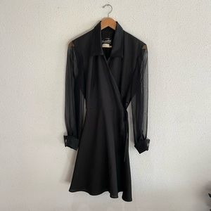 Vintage 80s Dramatix Black Wrap Dress with Sheer Chiffon Sleeves